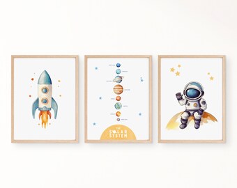Space Print Set: Watercolor Planets, Astronaut, Rocket (Digital Download)