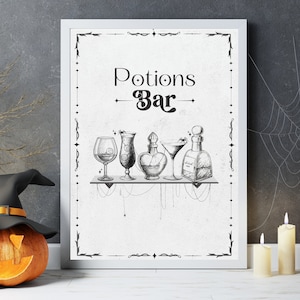 Wydruk Potions Bar | Sztuka Halloween w stylu vintage | Wydrukowana sztuka ścienna na Halloween | Wydruk wózka barowego na Halloween | Wydrukowane koktajle na Halloween