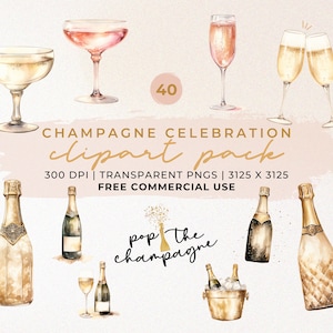 Watercolor Champagne Clipart Bundle: Celebration PNG Graphics (Commercial Use)