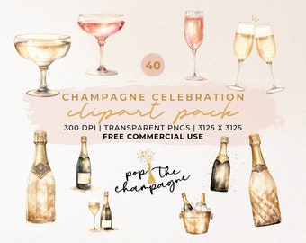 Könnte beinhalten: Ein Set mit 40 Aquarell-Illustrationen von Champagnerflaschen und -gläsern. Die Illustrationen sind in einem Gold- und Weiß-Farbschema gehalten und zeigen eine Vielzahl von Stilen, darunter eine Champagnerflasche mit einem Diamantenmuster, eine Champagnerflasche mit einem goldenen Etikett und eine Champagnerflöte mit einem goldenen Rand. Die Illustrationen sind perfekt zum Erstellen von Einladungen, Karten und anderen Projekten.