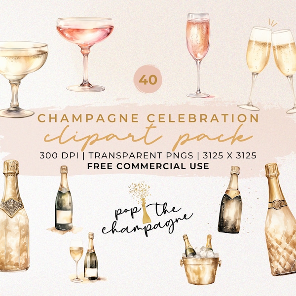 Watercolor Champagne Clipart Pack | Commercial Use Celebration Clip Art | Champagne PNG | Wedding Champagne Clipart Bundle | Party Clipart