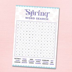 May include: A printable spring-themed word search puzzle with a purple and blue color scheme. The puzzle features words related to spring, such as butterfly, tulips, picnic, bloom, blossom, petals, bluebird, bumblebee, may, sunshine, meadow, garden, showers, raincoat, renew, ladybug, and kite.