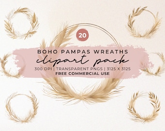 Watercolor Pampas Wreath Clipart: Boho Botanical PNG Pack (Commercial Use)