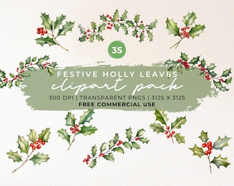 Watercolor Holly Clipart: Botanical Christmas PNG Pack (Commercial Use)