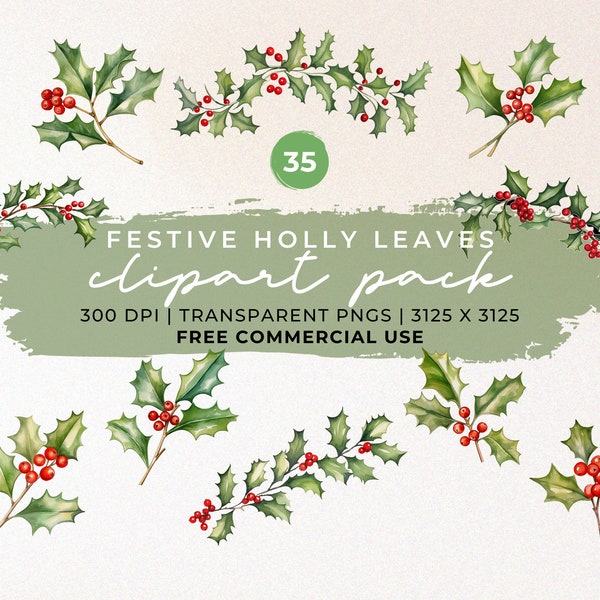 Watercolor Holly Clipart Pack | Holly Berries Christmas Clipart | Holly PNG | Christmas Holly Leaves | Free Commercial Use Christmas Clipart