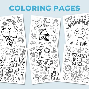 Puede incluir: Un conjunto de p&aacute;ginas para colorear en blanco y negro con temas de verano. Las p&aacute;ginas incluyen ilustraciones de helados, un zool&oacute;gico, una escena de playa y criaturas submarinas. El texto "COLORING PAGES" est&aacute; en la parte superior.