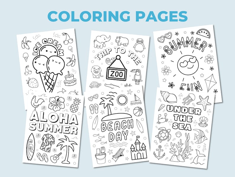 Puede incluir: Un conjunto de p&aacute;ginas para colorear en blanco y negro con temas de verano. Las p&aacute;ginas incluyen ilustraciones de helados, un zool&oacute;gico, una escena de playa y criaturas submarinas. El texto "COLORING PAGES" est&aacute; en la parte superior.