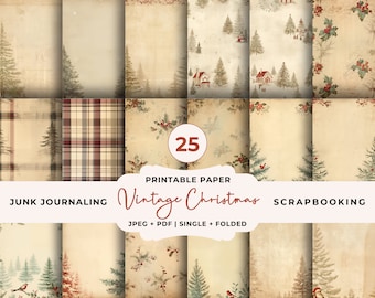 May include: A collection of 25 printable vintage Christmas papers. The papers feature various designs, including Christmas trees, houses, plaid patterns, and holly. The text on the image reads "JUNK JOURNALING, PRINTABLE PAPER, Vintage Christmas, SCRAPBOOKING."