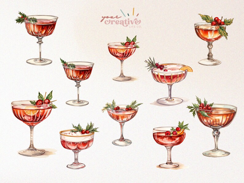watercolor Christmas clipart of festive cocktails