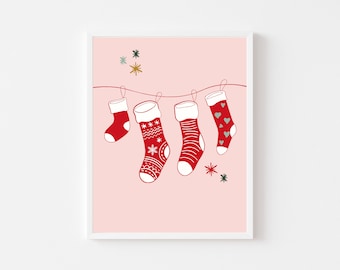 Pink Christmas Stockings Art Print: Whimsical Kids Room Decor (Digital Download)