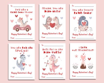 Dinosaur Valentine's Day Cards: Printable Kids Classroom Valentines (Digital Download)