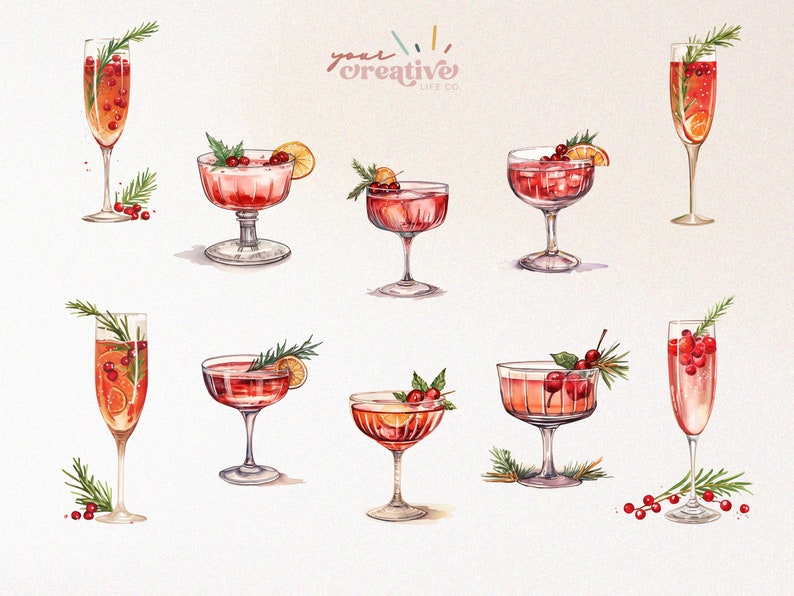watercolor Christmas clipart of festive holiday drinks
