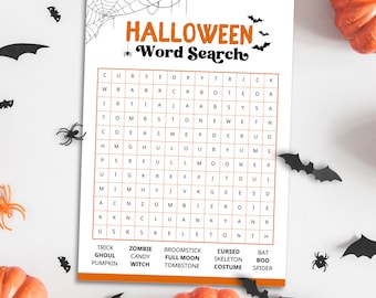 Op de afbeelding: Een Halloween woordzoeker puzzel met de titel "HALLOWEEN Word Search" in oranje en zwart. De puzzelraster is gevuld met letters, en een lijst met te vinden woorden staat onderaan. Decoratieve vleermuizen, spinnen en pompoenen omringen de puzzel.