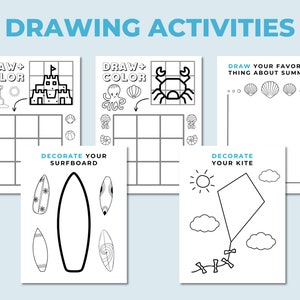 Puede incluir: Una colecci&oacute;n de actividades de dibujo con tem&aacute;tica de verano. Las p&aacute;ginas incluyen indicaciones para dibujar y colorear un castillo de arena, un cangrejo y otros elementos de playa. Tambi&eacute;n hay p&aacute;ginas para decorar una tabla de surf y una cometa. El texto "DRAWING ACTIVITIES" est&aacute; en la parte superior.