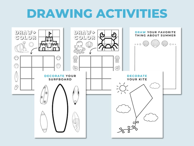Puede incluir: Una colecci&oacute;n de actividades de dibujo con tem&aacute;tica de verano. Las p&aacute;ginas incluyen indicaciones para dibujar y colorear un castillo de arena, un cangrejo y otros elementos de playa. Tambi&eacute;n hay p&aacute;ginas para decorar una tabla de surf y una cometa. El texto "DRAWING ACTIVITIES" est&aacute; en la parte superior.