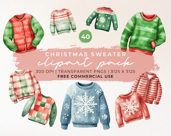 May include: Watercolor illustrations of Christmas sweaters in various designs and colors, including red, green, and blue. The image includes the text "CHRISTMAS SWEATER clipart pack" and details about the image file.