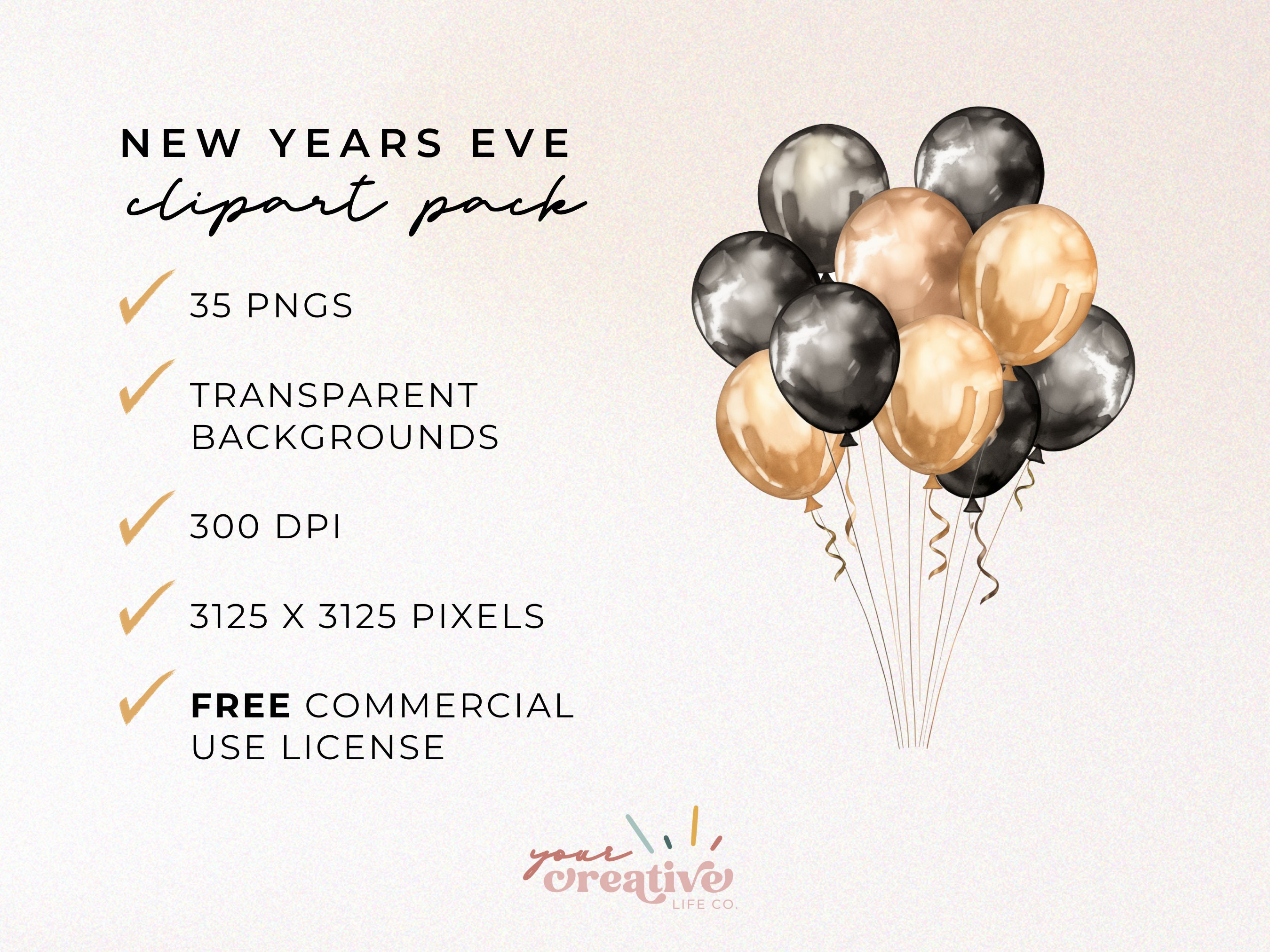 Watercolor New Years Eve Clipart Bundle: Gold & Black Party PNG ...