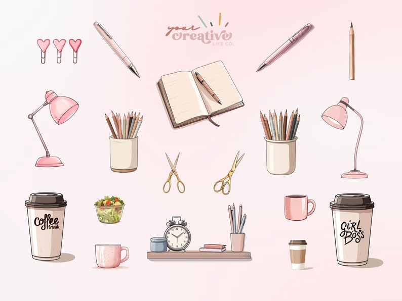 Pink and Gold Home Office Clipart and Business Woman PNGs