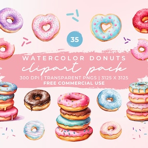 Watercolor Donuts Clipart Pack | Commercial Use Doughnut Clipart | Donuts PNG | Bakery and Dessert Clipart Bundle | Colorful Donut Graphics