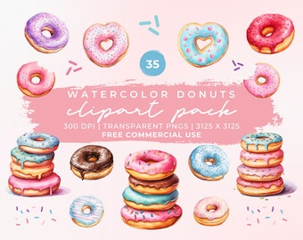 Watercolor Donuts Clipart Pack: Desserts PNG Bundle (Commercial Use)