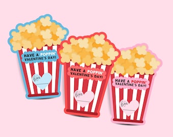 Popcorn Valentine's Day Cards: Printable Kids Classroom Valentines (Digital Download)