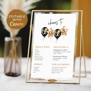 Szablon menu baru na Sylwestra | Szablon menu drinków noworocznych | Znak menu baru na imprezę noworoczną | Szablon menu do druku NYE 2025 Canva
