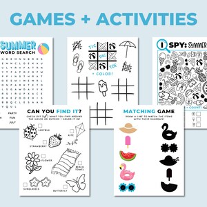 Puede incluir: Una colecci&oacute;n de hojas de actividades con tem&aacute;tica de verano, que incluyen una b&uacute;squeda de palabras, tres en raya, un juego de "Veo, veo", un juego de emparejamiento y una actividad de "&iquest;Puedes encontrarlo?". Las hojas presentan im&aacute;genes y texto relacionados con el verano en blanco y negro.