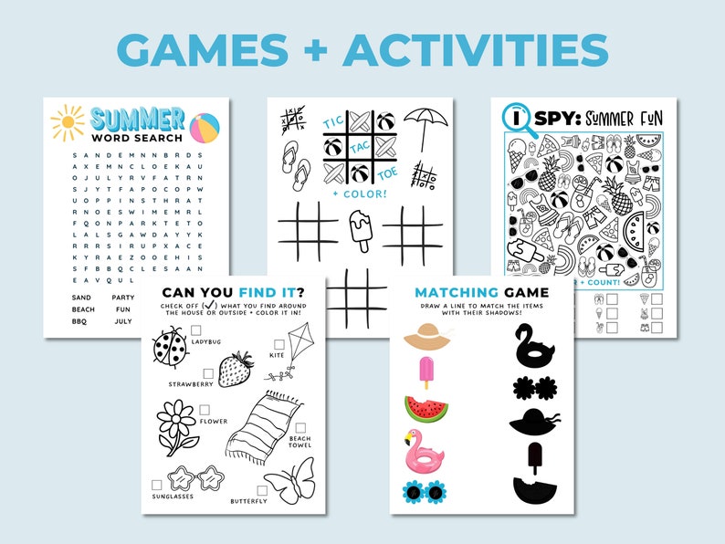 Puede incluir: Una colecci&oacute;n de hojas de actividades con tem&aacute;tica de verano, que incluyen una b&uacute;squeda de palabras, tres en raya, un juego de "Veo, veo", un juego de emparejamiento y una actividad de "&iquest;Puedes encontrarlo?". Las hojas presentan im&aacute;genes y texto relacionados con el verano en blanco y negro.