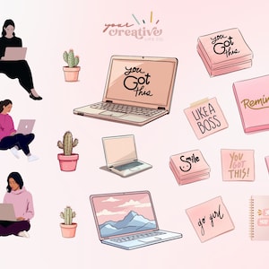 Pink and Gold Home Office Clipart and Business Woman PNGs