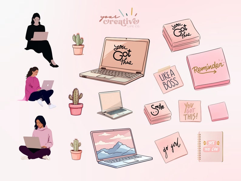 Pink and Gold Home Office Clipart and Business Woman PNGs