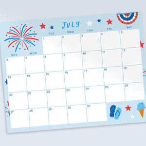 Editable July 2025 Calendar | Printable Calendar Classroom & Homeschool | Monthly Planner Printable | Cute Fillable Kids Calendar July 4th