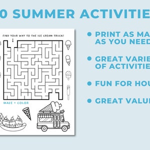 Puede incluir: Una hoja de actividades de verano imprimible en blanco y negro con el texto "20 SUMMER ACTIVITIES". Incluye un laberinto, ilustraciones de helados y el texto "FIND YOUR WAY TO THE ICE CREAM TRUCK!" y "MAZE + COLOR".