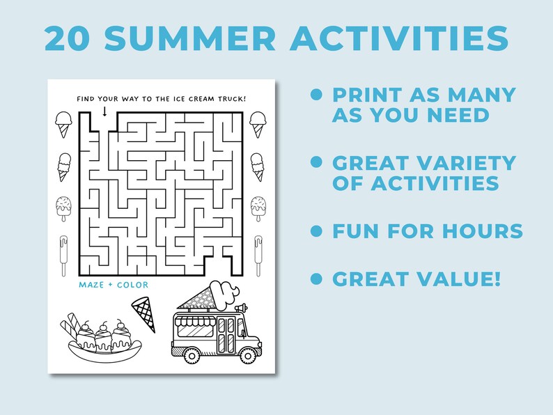 Puede incluir: Una hoja de actividades de verano imprimible en blanco y negro con el texto "20 SUMMER ACTIVITIES". Incluye un laberinto, ilustraciones de helados y el texto "FIND YOUR WAY TO THE ICE CREAM TRUCK!" y "MAZE + COLOR".