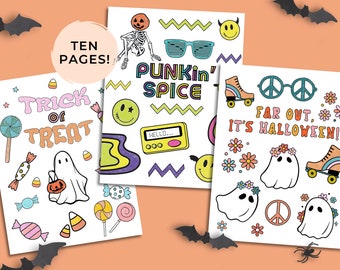 レトロでグルーヴィーなハロウィンぬり絵：印刷可能な10ページ（デジタルダウンロード）