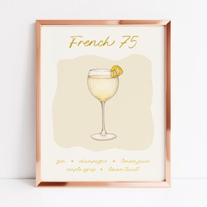 Impresión de cóctel francés 75 / Arte de pared francés 75 / Impresión de bar de moda / Arte de pared imprimible para carrito de bar / Cartel de cóctel de champán de arte de cocina