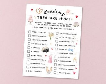 May include: A printable wedding treasure hunt game checklist with illustrations. The checklist includes items such as fresh flowers, something blue, something shiny, something sweet, a camera, a candle, a pink dress, a ribbon or bow, something tall, a seating chart, silver shoes, someone laughing, pearls or gold, something soft, someone dancing, a bow tie, something cold, a name card, a bubbly drink, something striped, something green, and a heart shape.