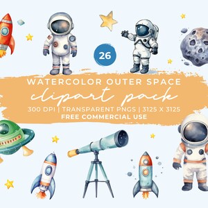 Watercolor Space Clipart Pack | Commercial Use Outer Space Clipart | Kid Astronaut Clipart | Rockets Clipart + Space PNG Astronaut Spaceship