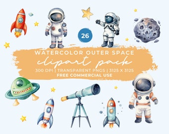 Watercolor Space Clipart: Astronauts, Rockets & Spaceships (Commercial Use PNGs)
