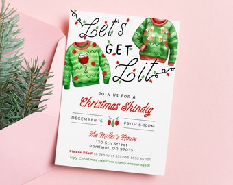 Let's Get Lit Christmas Invitation | Editable Funny Christmas Invite | Canva Template | Ugly Sweater Party | Christmas Cocktail Party Invite