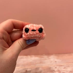 May include: A small, plush, pink frog with large black eyes and a stitched mouth. The frog is made of a soft, textured material. The background is a solid pink color.