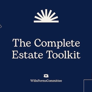Peut inclure: Un graphique numérique bleu foncé présentant le texte blanc The Complete Estate Toolkit dans une police serif. Au-dessus du texte se trouve une icône de soleil blanc, et en dessous le petit texte blanc WillsFormsCommittee avec une petite icône florale.