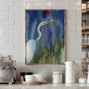 White Great Egret Bird Art, Blue Wall Art, Nature Watercolor Print, Coastal Home Decor, Original Art, Egret Painting, Digital Download