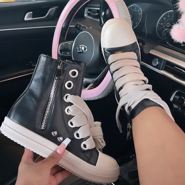 Women's Shoes Ricky Owens Shoes Leather Platform High Top Men's Shoes Women's Chunky Sneakers Leather Black Casual Shoes Zip Up Lace Up