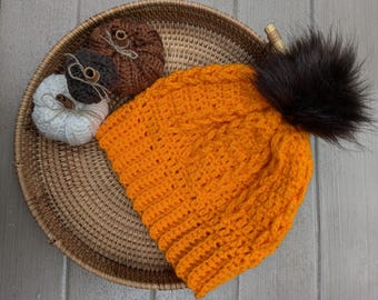 Adult size braided crochet hat with removable pompom