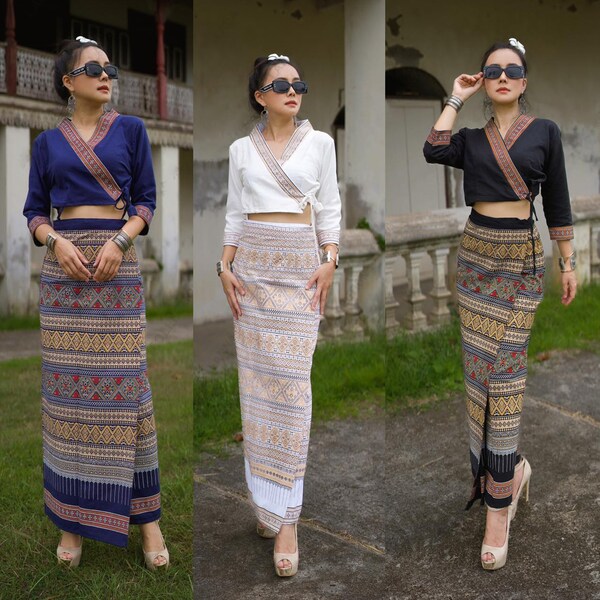 Vintage Tai Lue TRADITIONELLES KLEIDUNGSSET in drei Farben - Thailand Vintage Sarong und Blusenkleidset für Frauen