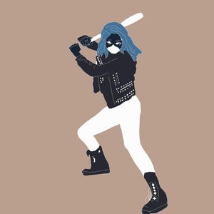 May include: A woman wearing a black leather jacket with silver studs, white pants, and black boots, holding a baseball bat. She has blue hair and is wearing a black mask.