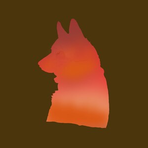 May include: A silhouette of a dog's head, with a gradient of orange and red colors, against a brown background.