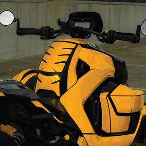 K&ouml;nnte beinhalten: Ein gelb-schwarzes dreir&auml;driges Fahrzeug mit einem schlanken Design. Das Fahrzeug verf&uuml;gt &uuml;ber einen schwarzen Lenker, Seitenspiegel und einen schwarzen Sitz. Der K&ouml;rper hat ein auff&auml;lliges gelb-schwarzes Muster.