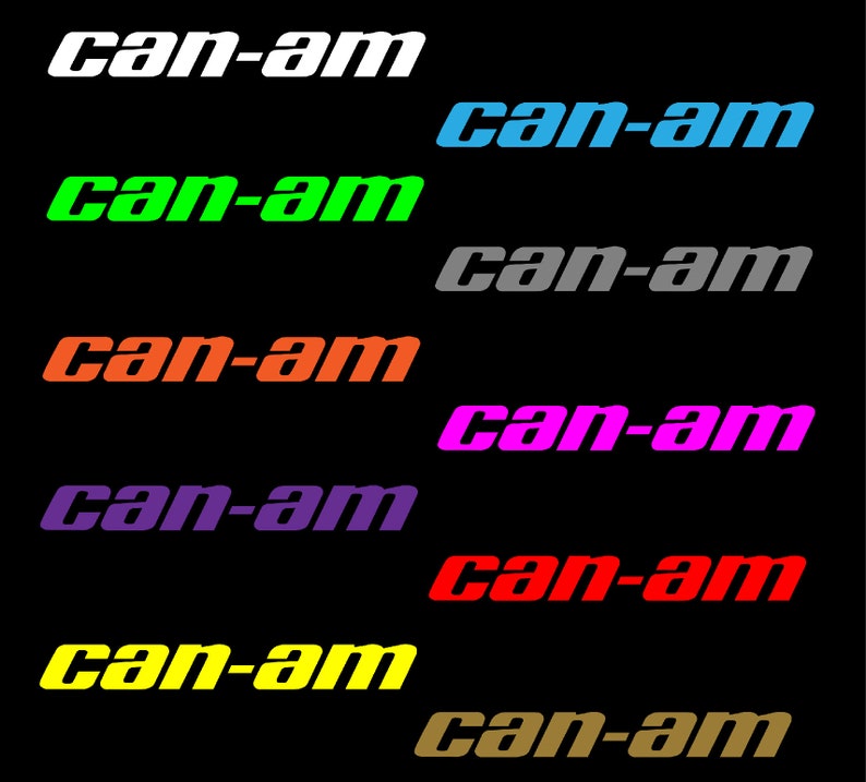 Puede incluir: Una colecci&oacute;n de logotipos "Can-Am" en varios colores, incluyendo blanco, verde, naranja, morado, rosa, rojo, amarillo y dorado, sobre un fondo negro. Los logotipos est&aacute;n en una fuente audaz y estilizada.