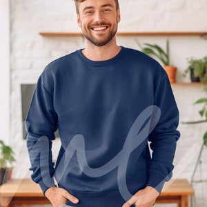 Gildan 18000 Male Mockup Navy Sweatshirt Autumn Mock Mens Model Mockups 18000 Navy Gildan Crewneck Handsome Man Mockup 18000 Plants Lover